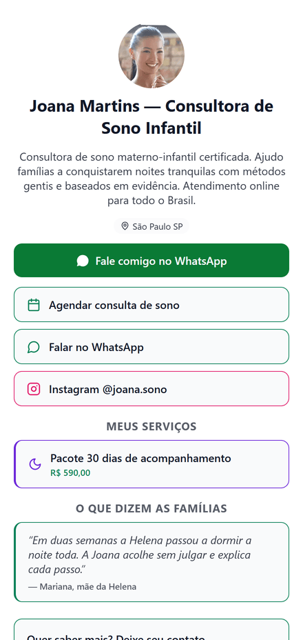 Prévia da bio link de uma consultora do sono na Ninei