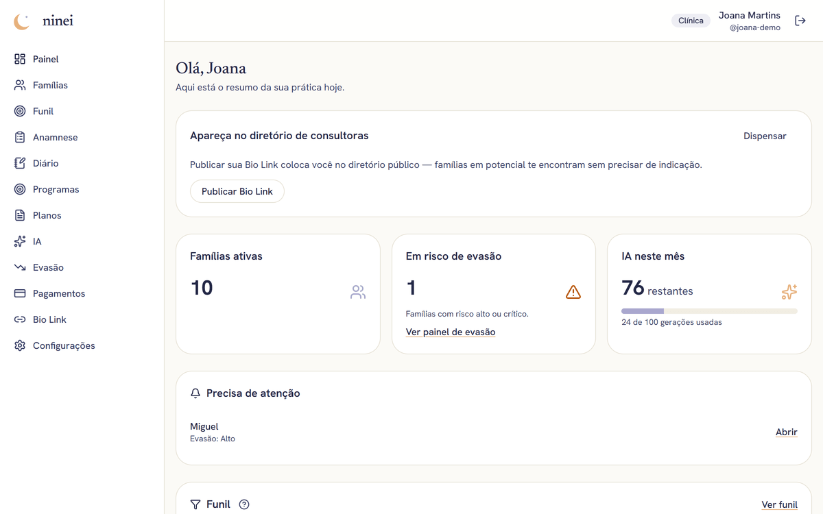 Painel da consultora na Ninei