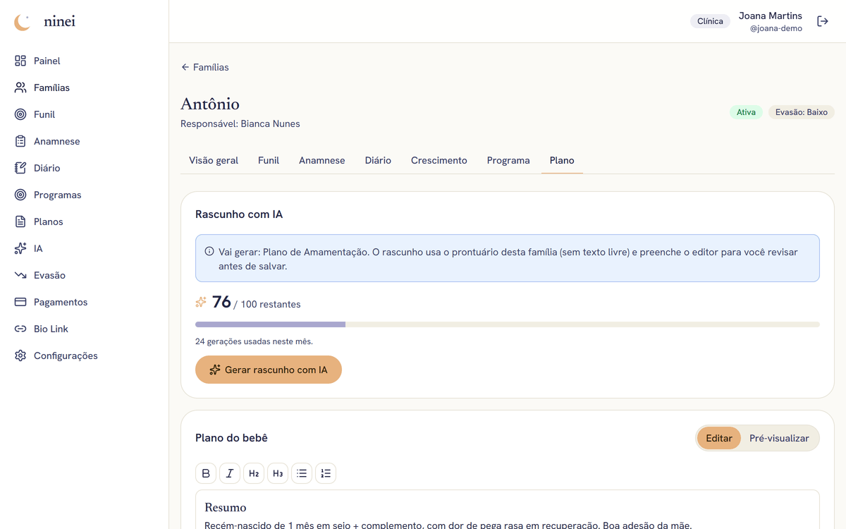 Editor de plano de amamentação (pega, rotina de mamadas, ordenha) na Cuidei